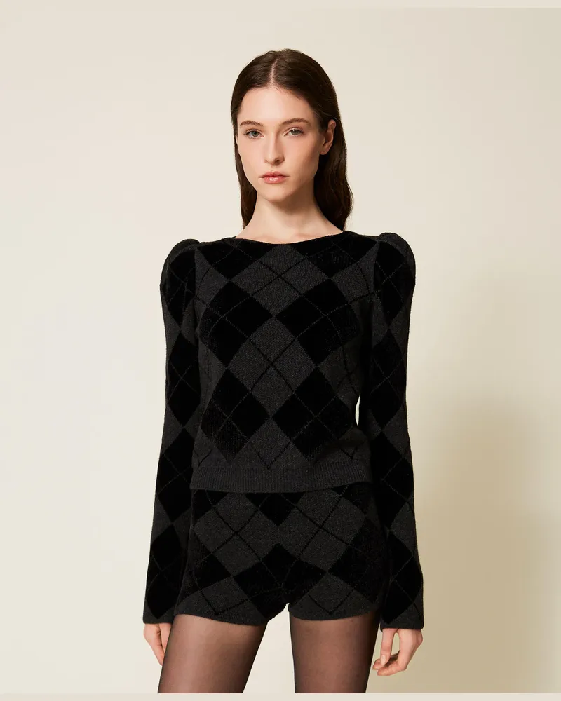 Twin-Set Rautenpullover mit Intarsien, Zweifarbig Anthrazit / Schwarz, Größe Zweifarbig