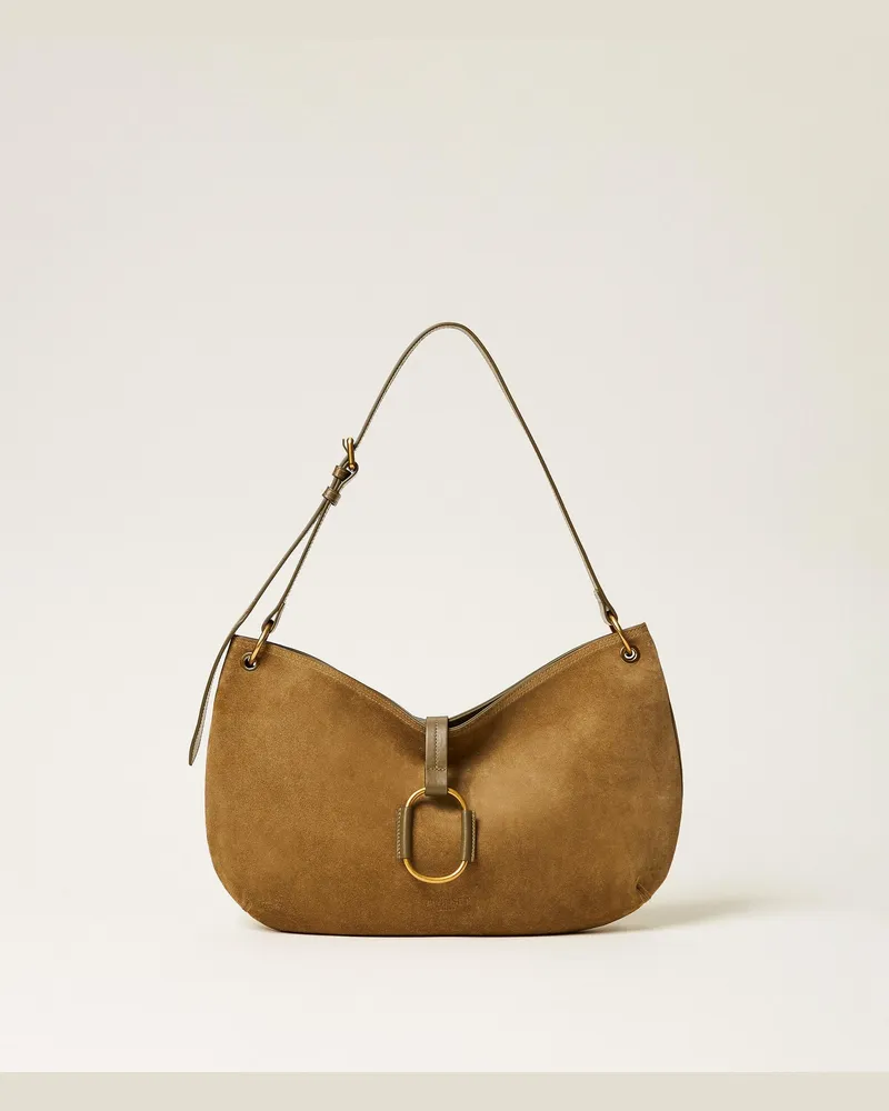 Twin-Set Runde Hobo-Tasche aus Veloursleder, Damen, Olive Drab Olive