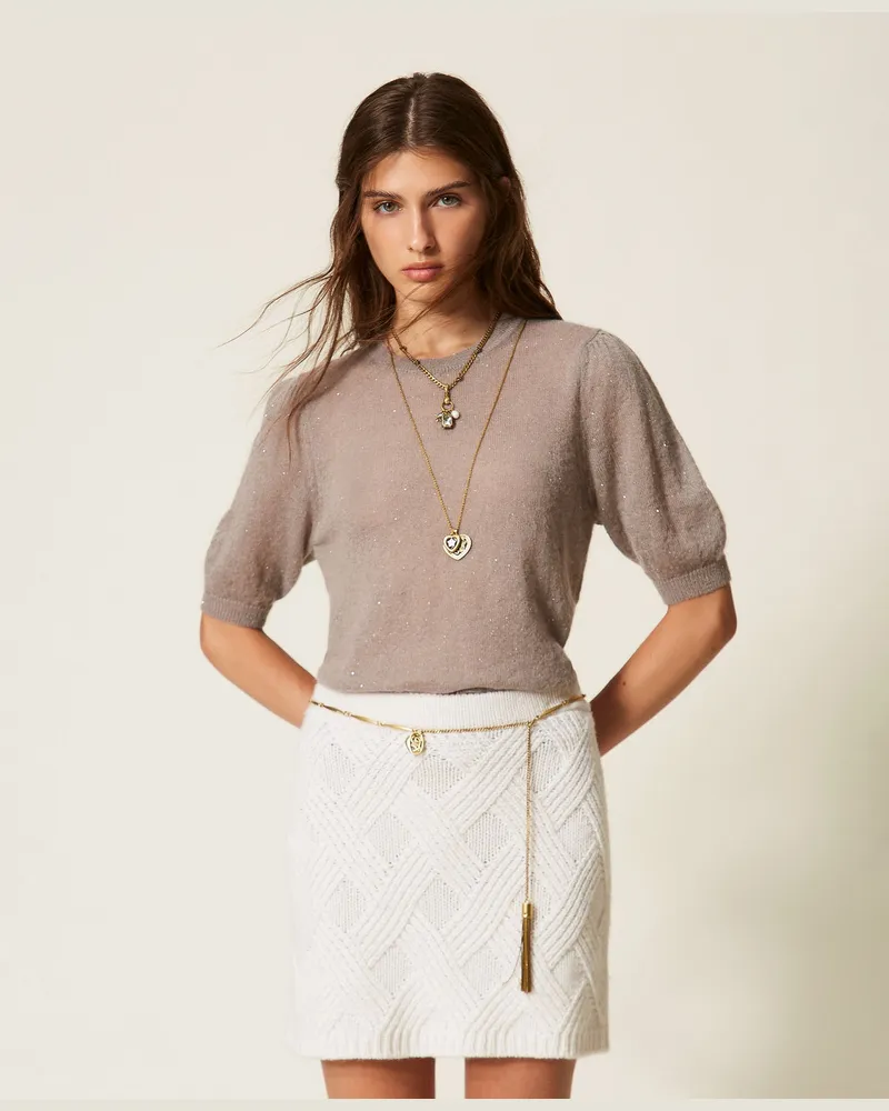 Twin-Set Kurzer Strickrock mit Flechtdetail Weiß