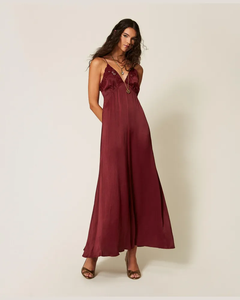 Twin-Set Langes Kleid aus Envers-Satin mit Stickerei, Damen, Bordeaux Bordeaux