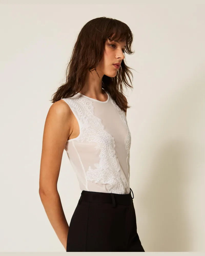 Actitude by Twinset Tops - Body aus Tüll mit Spitze, Mattweiß, Größe Mattweiß