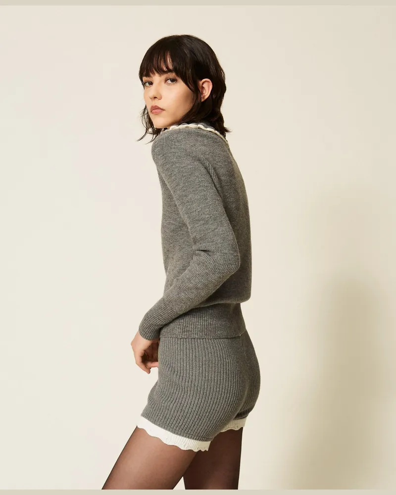 Twin-Set Strickshorts mit Bogenkante, Damen, Zweifarbig meliertes Mittelgrau / "Schneeweiß Zweifarbig