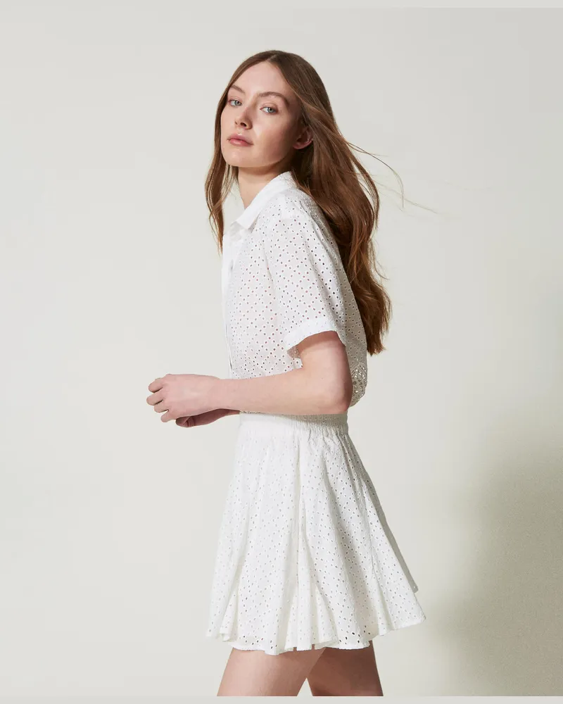 Twin-Set Bademode - Minirock mit Lochstickereien, Sugar Weiß, Baumwolle, Größe: XL 