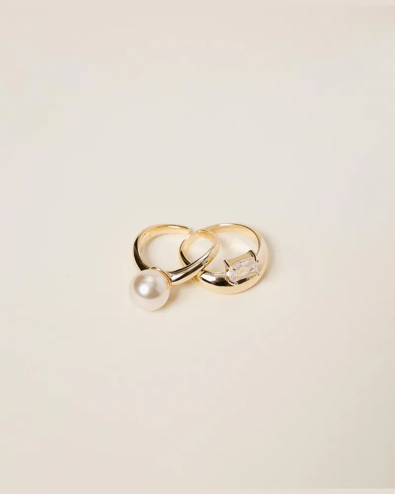 Twin-Set Ring-Set mit Strass und Perlen, Damen, New Gold New