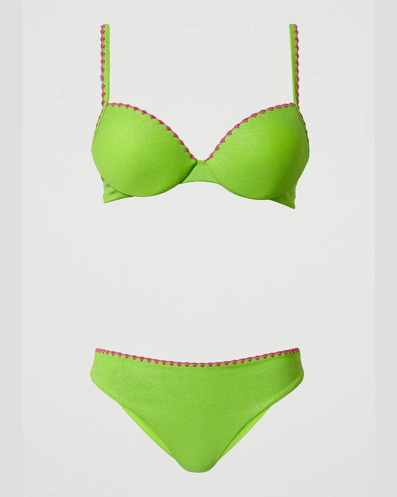 Twin-Set Bademode - Push-up-Bikinitop und Bikinihose mit Stickereien, „Fresh Lime"-Grün, Größe: 4-B 