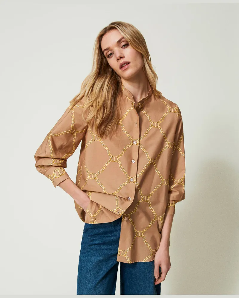Twin-Set Hemden - Popelinehemd mit Kettenprint, Print Kettenmix Rand „Almond Milk"-Beige, Baumwolle, Größe Print