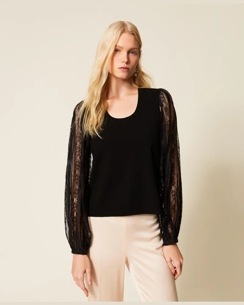 Twin-Set Pullover mit Ärmeln aus Spitze, Schwarz, Größe Schwarz