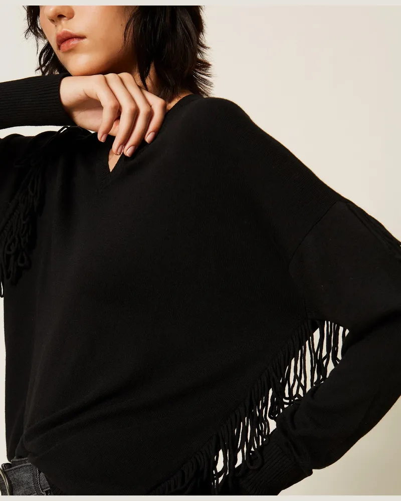 Twin-Set Pullover mit Fransen, Damen, Schwarz Schwarz