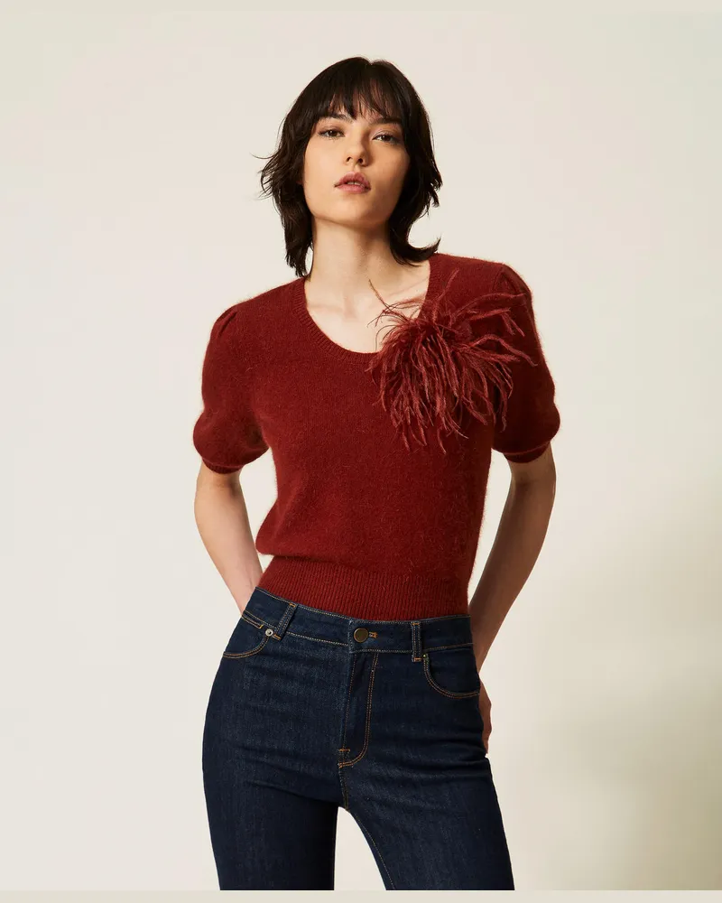 Twin-Set Pullover aus Angorawollmischung mit Schmuckbrosche Cherry