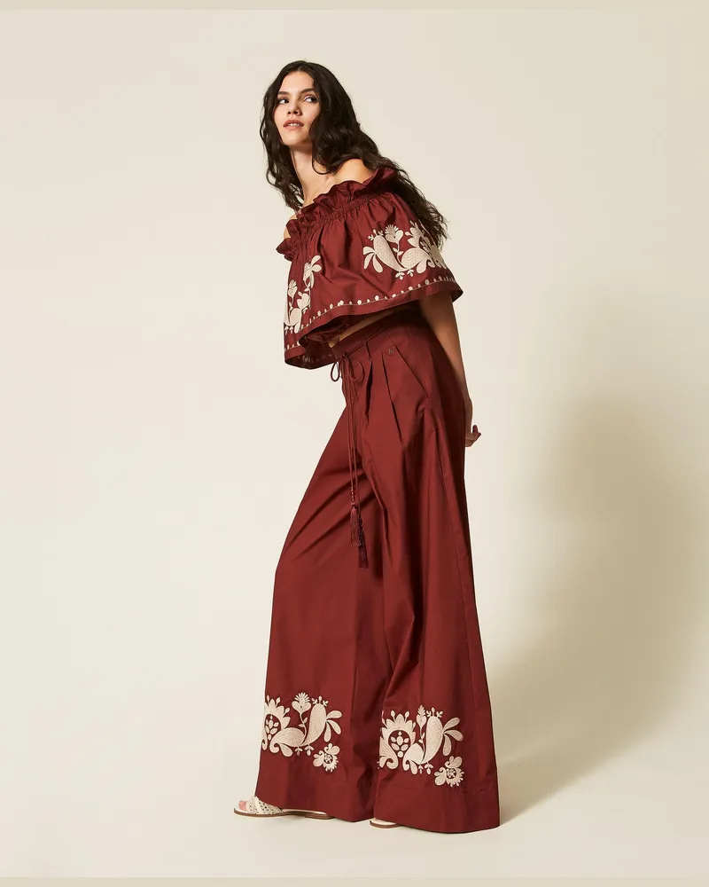 Actitude by Twinset Hosen - Palazzo-Hose aus Popeline mit Stickerei, Braun Lehm, Baumwolle, Größe Braun