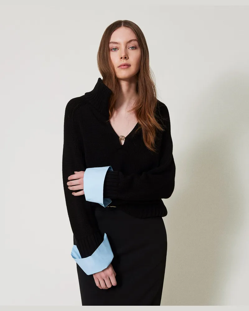 Twin-Set Pullover aus Baumwolle und Popeline, Zweifarbig Schwarz / Airy Blue, Größe Zweifarbig