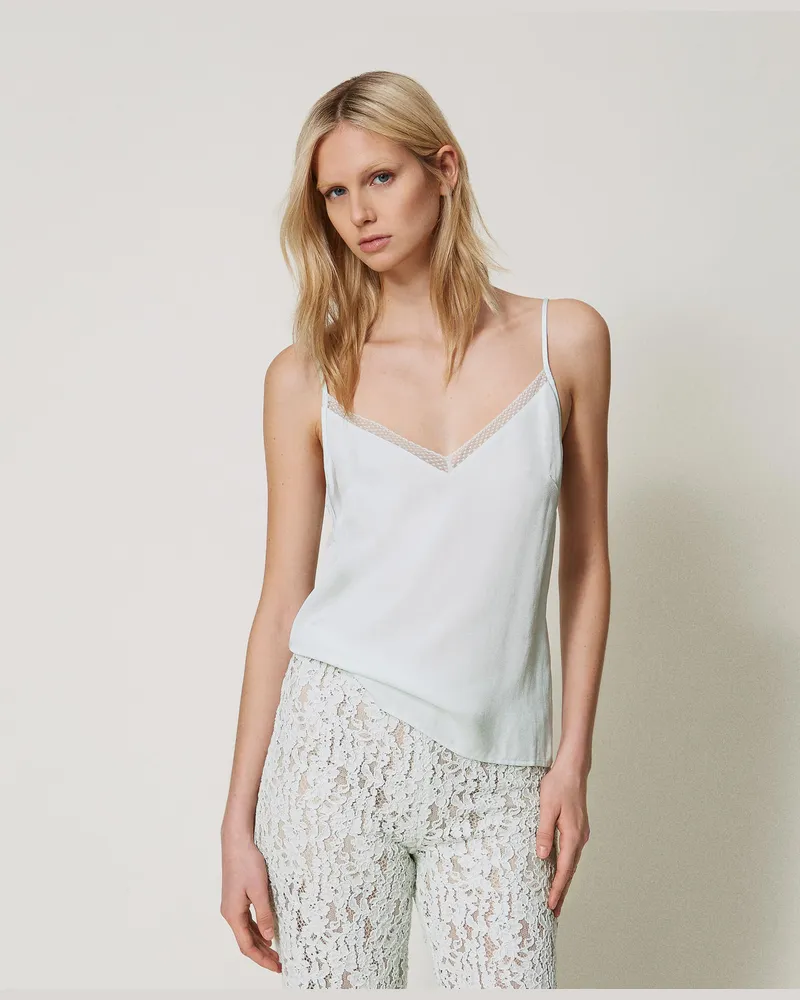 Twin-Set Tops - Top aus Satin mit Spitze, Water Green, Größe Water