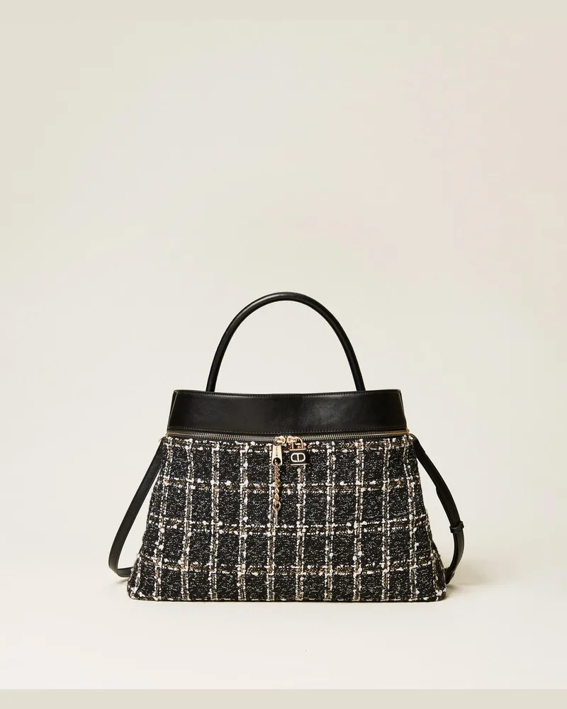 Twin-Set Taschen - Shopper aus Tweed mit „Oval T"-Vorhängeschloss, Jacquard Schnee / Schwarz, Einheitsgröße Jacquard