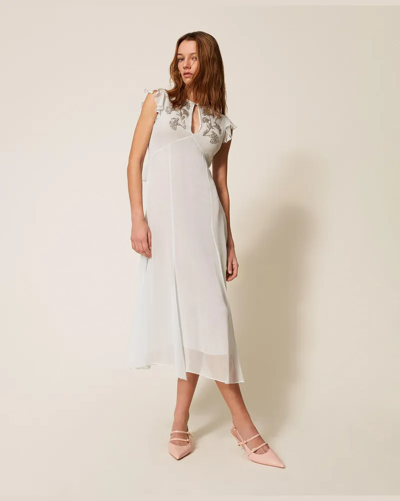 Twin-Set Handbesticktes langes Kleid Aqua-hellblau