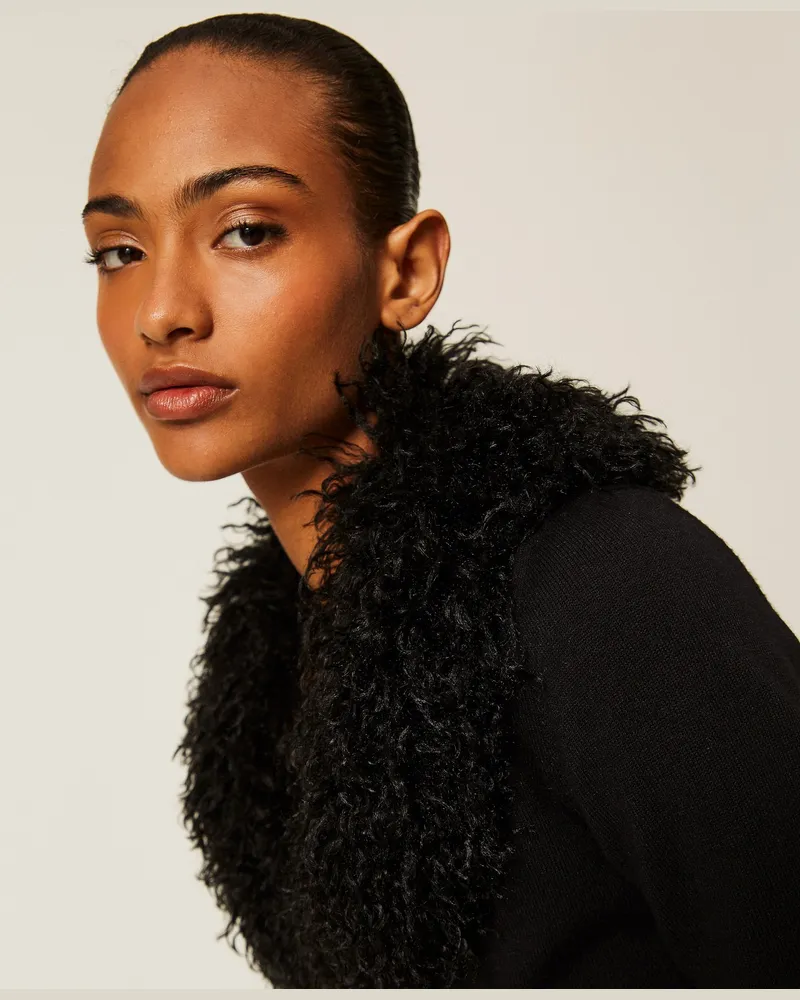 Twin-Set Cropped-Cardigan aus Kunstpelz, Damen, Schwarz Schwarz