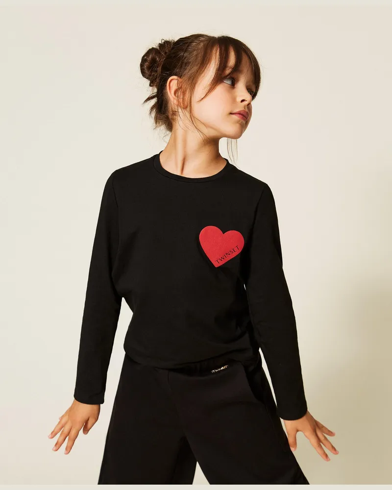 Twin-Set T-Shirt in Regular-Fit mit Herz, Damen, Schwarz Herz "Magentarot Schwarz