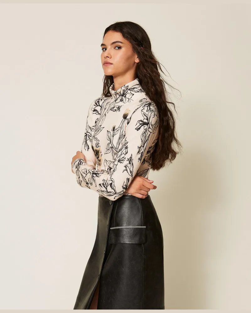Twin-Set Rollkragenpullover mit Blumendruck, Damen, Lilienprint "Crystal Sand"-Beige / Schwarz Lilienprint