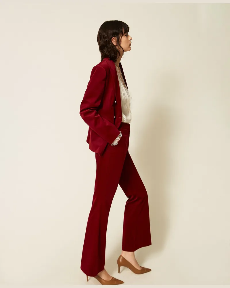 Twin-Set Hose aus Samt in Flared-Fit, Damen, "Rhabarberrot Rhabarberrot