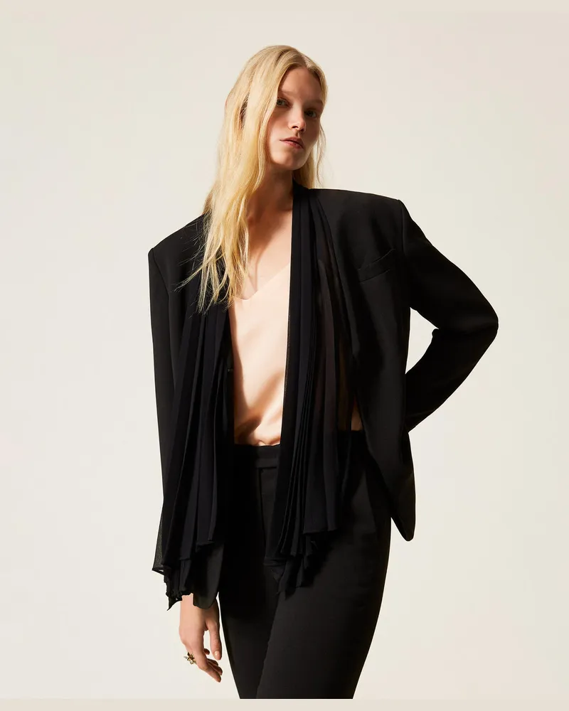 Twin-Set Jacken und Outerwear - Jacke aus Crêpe mit plissierter Schärpe, Schwarz, Größe Schwarz