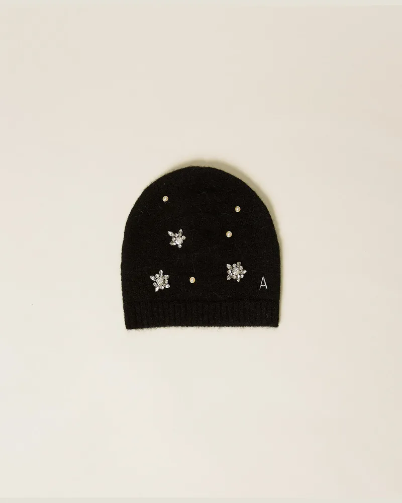 Actitude by Twinset Accessoires - Mütze aus Alpakamischung mit Strass und Perlen, Schwarz, Einheitsgröße Schwarz