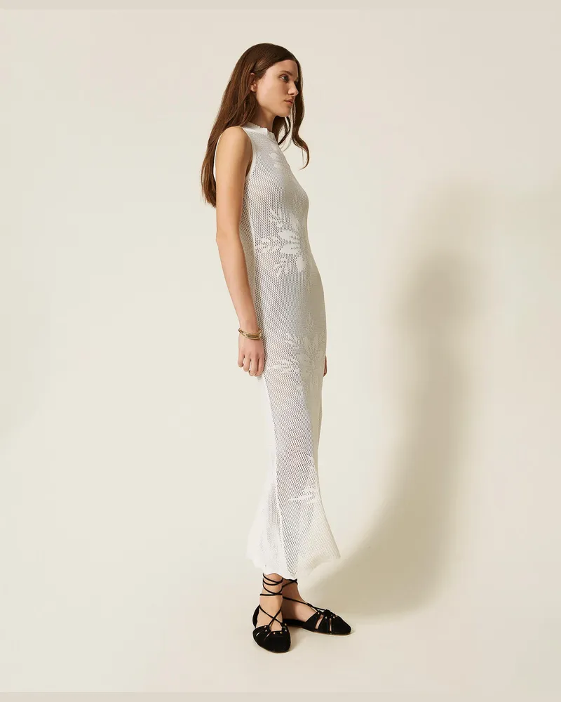 Twin-Set Kleider - Langes Strickkleid mit Blumenmuster, Weiß Schnee, Größe Weiß