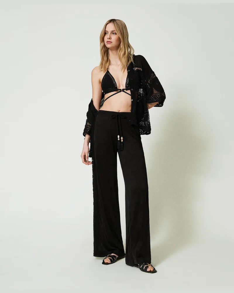 Twin-Set Bademode - Palazzohose mit bestickten Häkelarbeiten, Schwarz, Jersey, Größe: L 