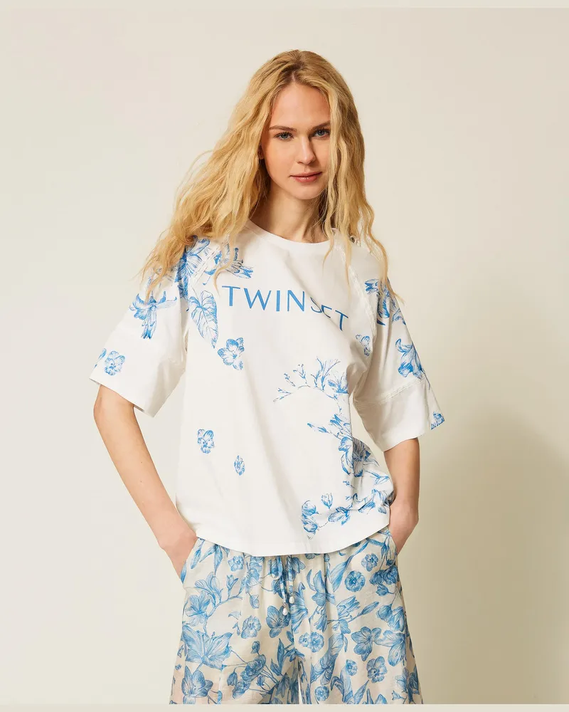 Twin-Set T-Shirts - T-Shirt mit Blumendessin und Logo, Print Toile De Jouy Off White/Blu Med, Größe Print