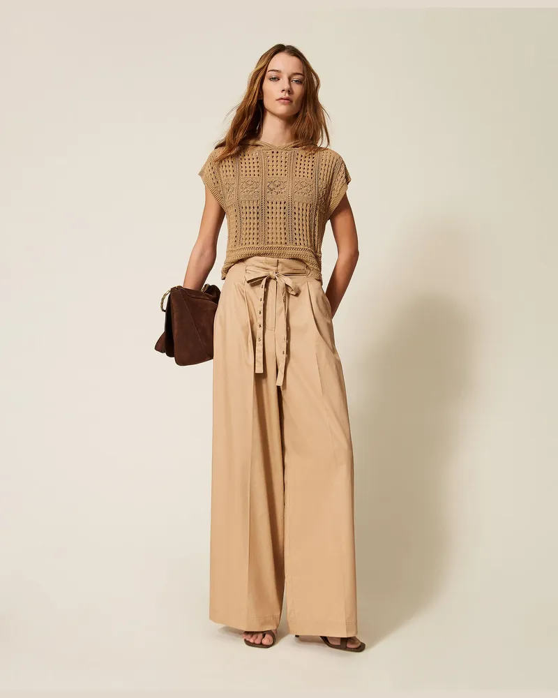 Twin-Set Hosen - Weite Hose aus Twill, "Rope"-Beige, Baumwolle, Größe Rope-beige