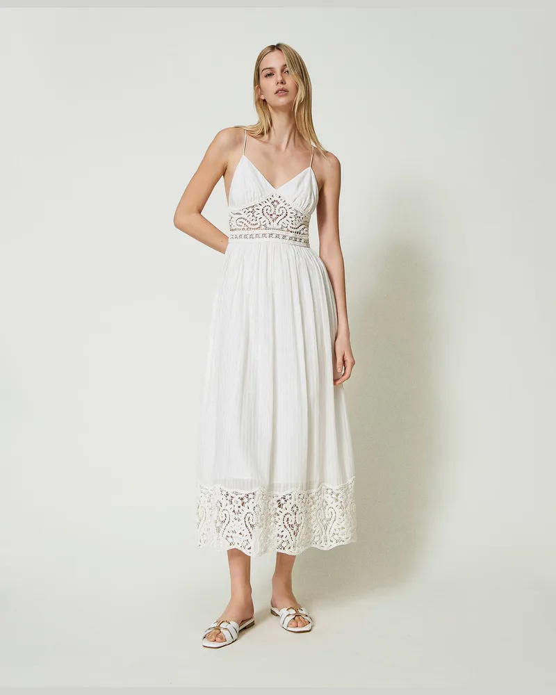 Twin-Set Kleider - Maxikleid mit Häkelarbeiten und Fil-Coupé-Stoff, Elfenbein, Baumwolle, Größe Elfenbein