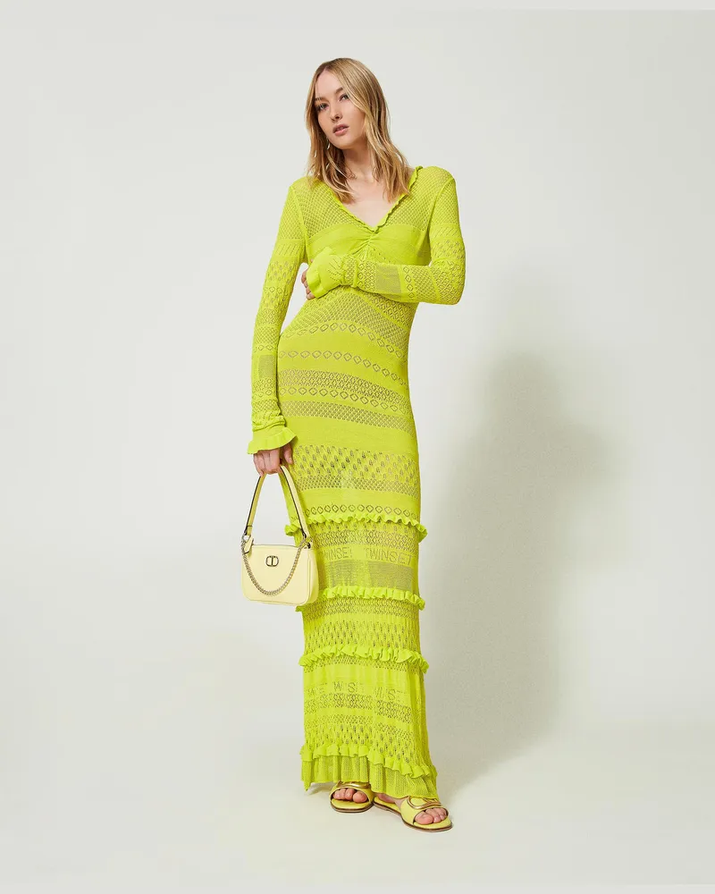 Twin-Set Kleider - Figurbetontes Maxi-Strickkleid mit Durchbruchmustern, „Light Lemon"-Gelb, Größe „light