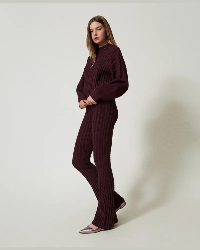 Actitude by Twinset Hosen - Strickhose mit Zopfmuster im Flare-Fit, Knallviolett, Größe Knallviolett