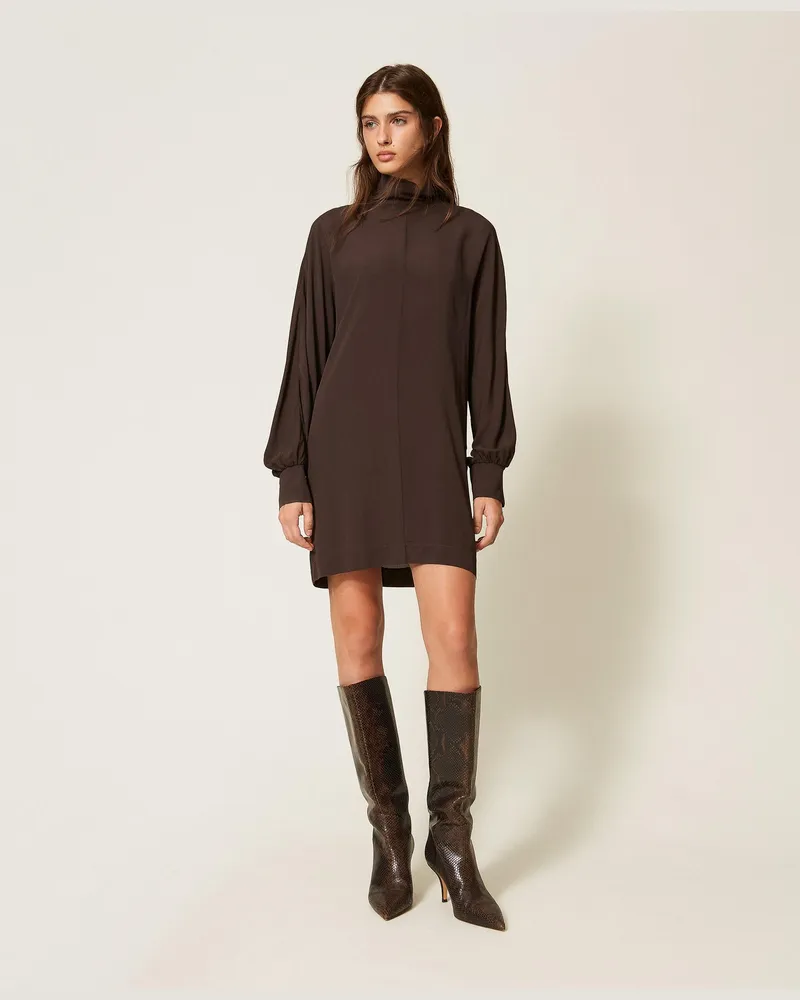 Twin-Set Kurzes Kleid aus Crêpe de Chine, Damen, Deep Brown Deep