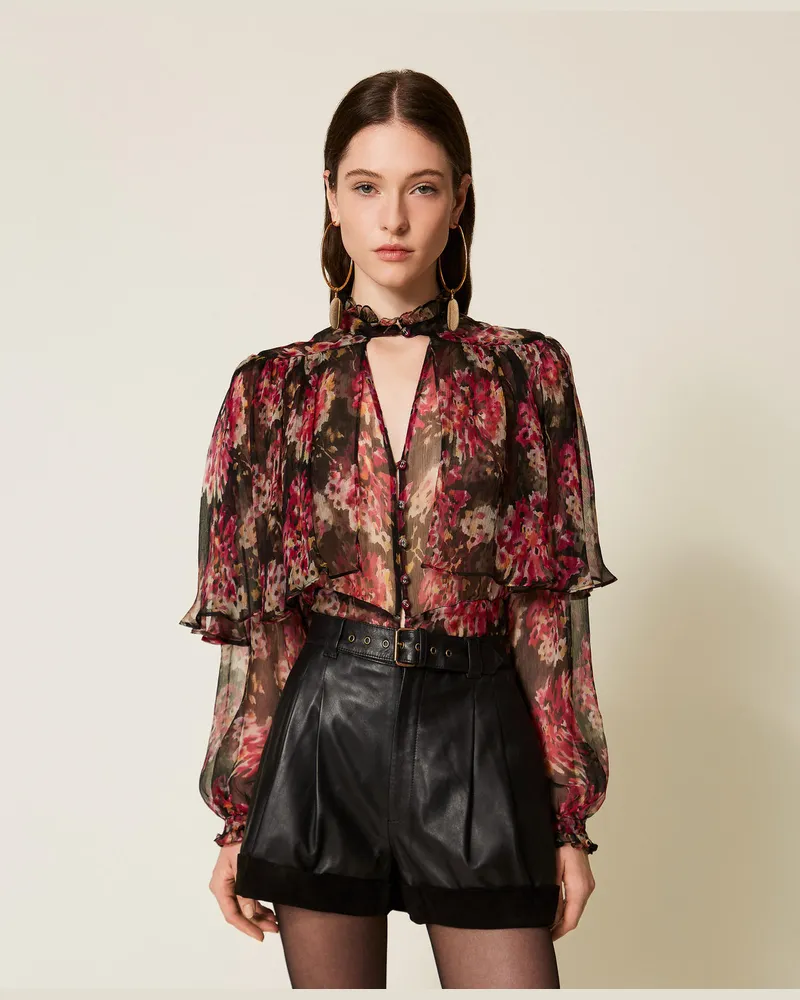 Twin-Set Blusen - Hemdbluse aus Seidenkrepon mit floralem Dessin, Blumenprint Schwarz / Magenta, Mit Blumen, Größe Blumenprint