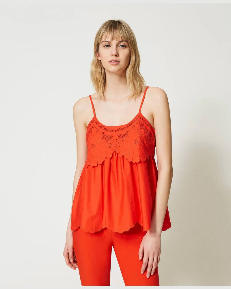 Twin-Set Tops - Top aus Popeline mit Lochstickereien, „Orange Sun"-Orange, Baumwolle, Größe: 50 