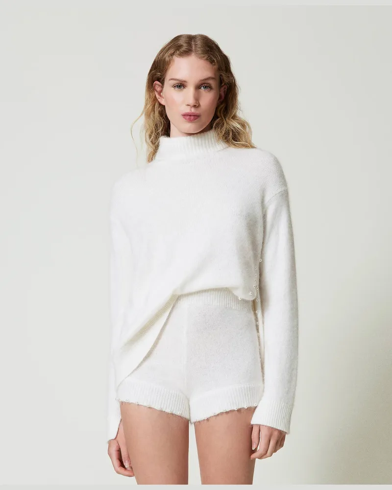 Twin-Set Hosen - Strickshorts aus Angoramischung mit Perlen, Weiß Schnee, Größe Weiß