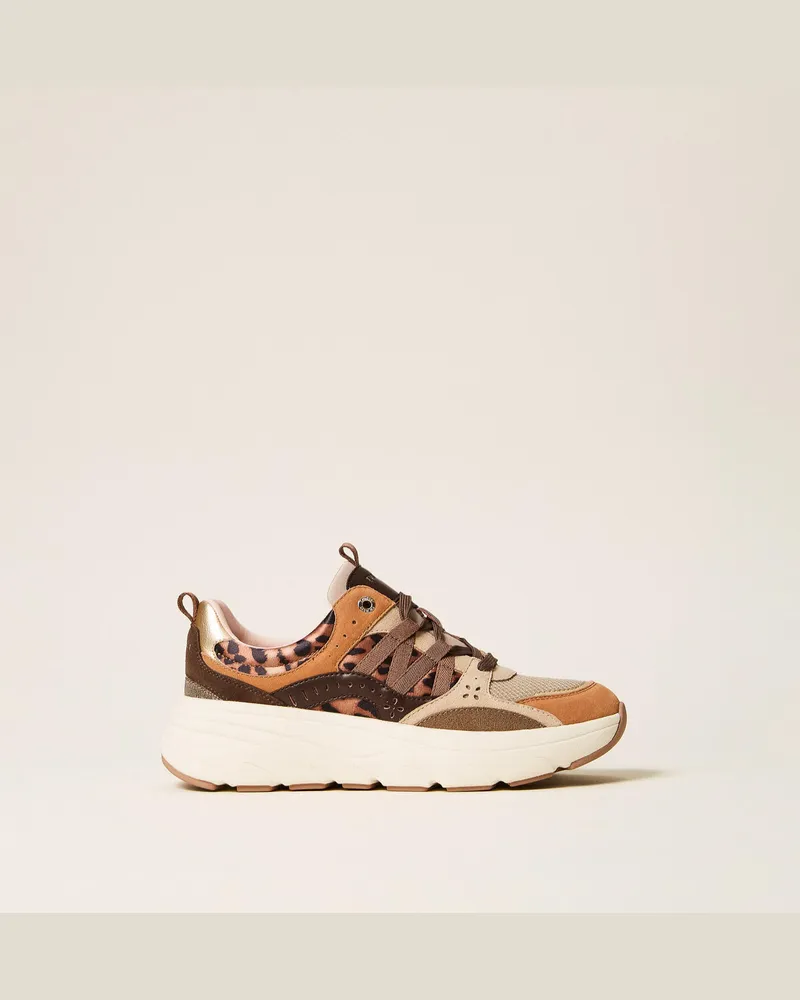 Twin-Set Ledersneakers im Laufschuhstil Leopardenmuster