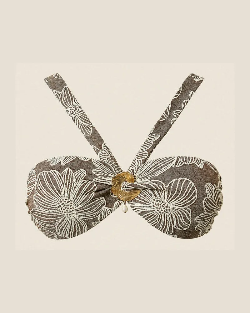 Twin-Set Bademode - Bandeau-Bikinitop aus Jacquard mit Perle, Jacquard Coffe Chocolate/Off White, Mit Blumen, Größe Jacquard