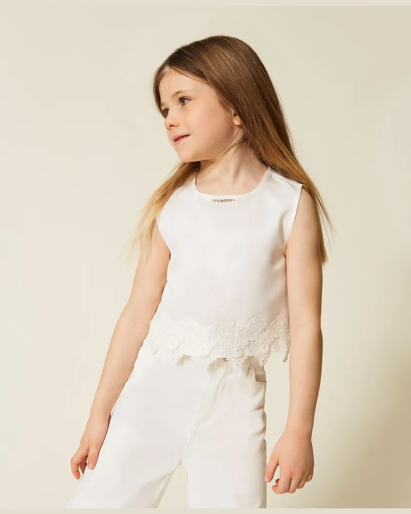 Twin-Set Tops - Baby-Top im Cropped-Schnitt aus Duchesse, Mattweiß, Spitze, Größe: 6A 