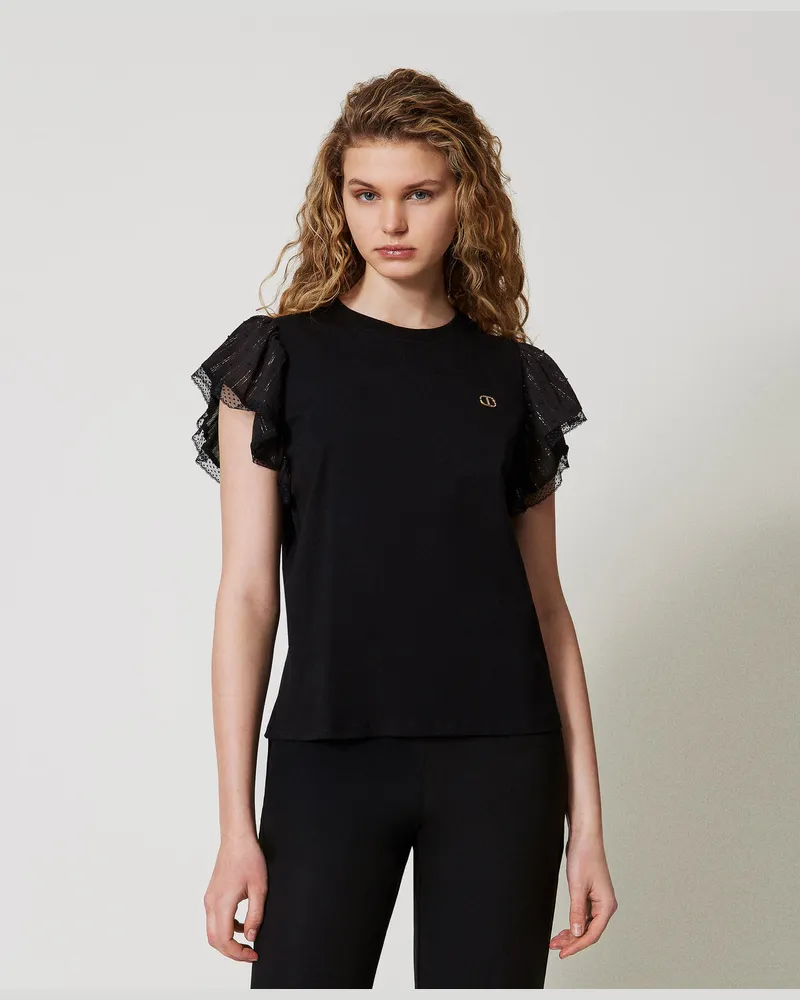 Twin-Set T-Shirts - T-Shirt mit Ärmeln aus Fil-Coupé, Schwarz, Baumwolle, Größe: XXS 