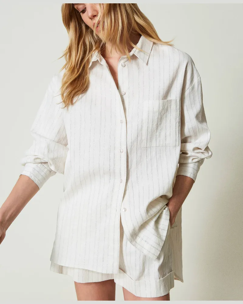 Twin-Set Hemden - Hemd aus Leinenmischung mit Lurexstreifen, Nadelstreifen Weiß Streifen Silber, Gestreift, Größe Nadelstreifen