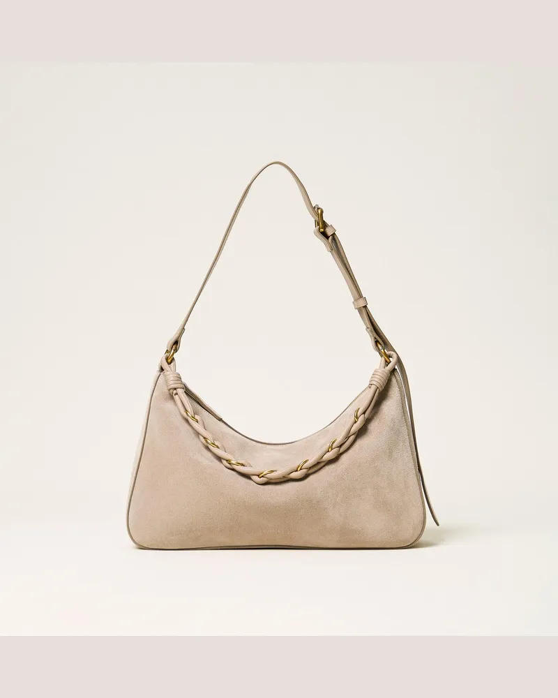 Twin-Set Tasche Liliane aus Rauleder mit Flechtmotiv, Damen, Kitt Kitt