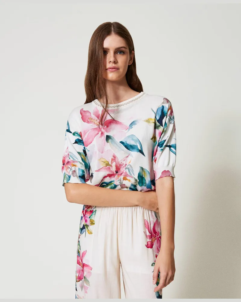 Twin-Set Bademode - Pullover mit Blumenprint, Blumenprint Perlmutt / Multicolor, gestreift, Größe Blumenprint