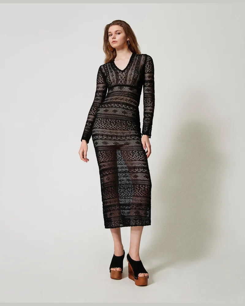 Twin-Set Kleider - Maxistrickkleid in Spitzenoptik, Schwarz, Größe Schwarz