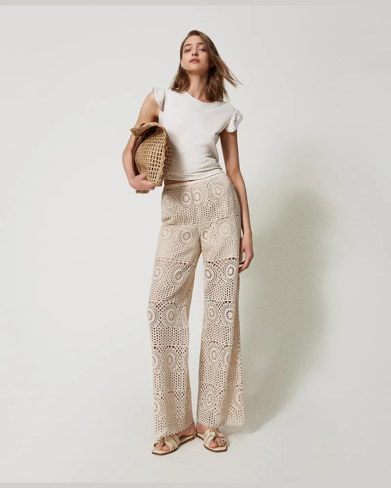 Twin-Set Bademode - Gehäkelte Palazzohose, Almond Beige, Baumwolle, Größe: L 