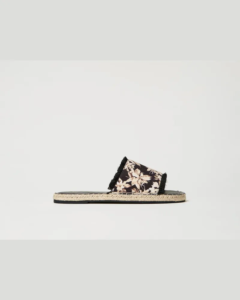 Twin-Set Bademode - Slide-Pantolette mit Blumenprint, Blumenprint Schwarz / Natural Beige, Größe Blumenprint