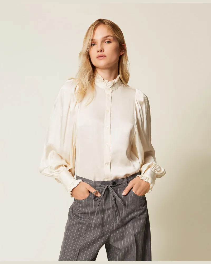 Twin-Set Hemden - Hemdbluse aus Jacquard-Satin mit Volant, Perlmutt, Größe Perlmutt
