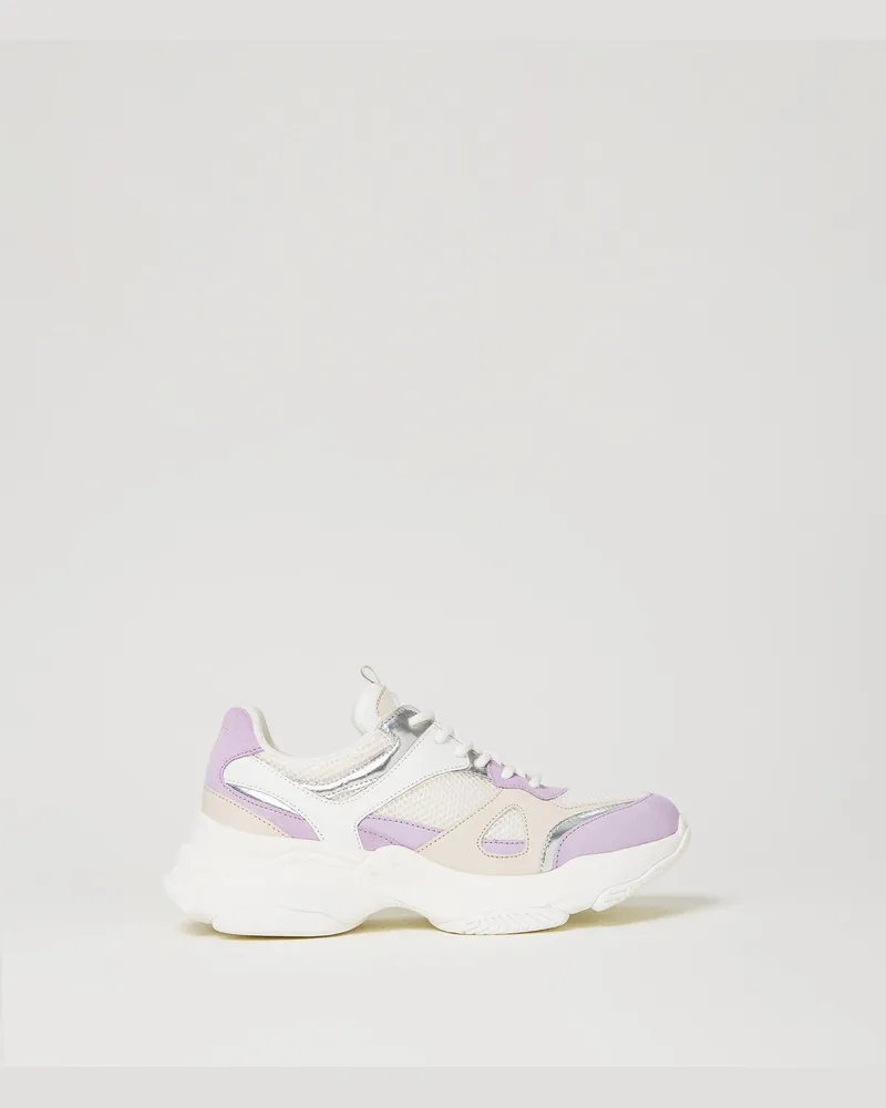 Twin-Set Schuhe - Sneaker im Laufschuhstil aus Leder mit Einsätzen, Zweifarbig Optisches Weiß / Glockenblumenlila, Größe Zweifarbig