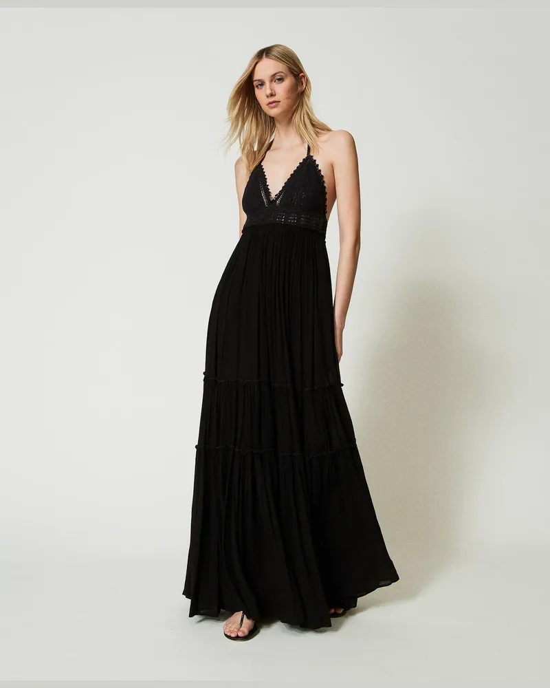 Twin-Set Bademode - Maxikleid aus Krepon und Häkelarbeiten, Schwarz, Baumwolle, Größe: S 