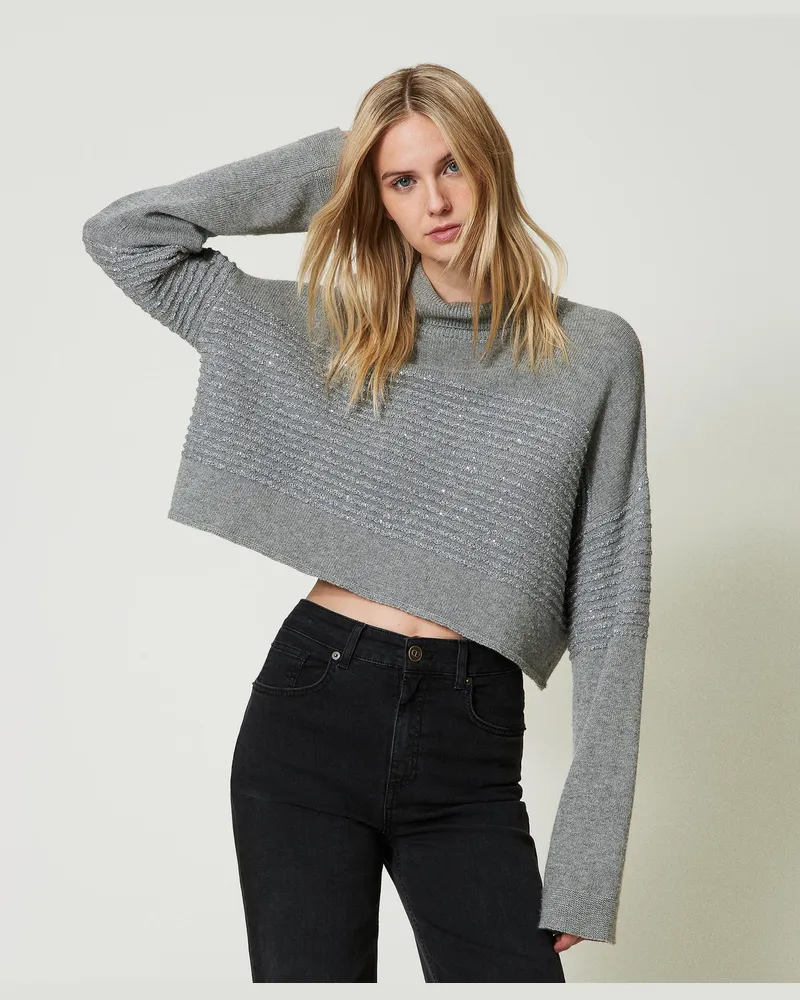 Twin-Set Rollkragenpullover aus Wollmischung mit Pailletten, Warmes Grau-Melange, Paillettes, Größe: XXL 