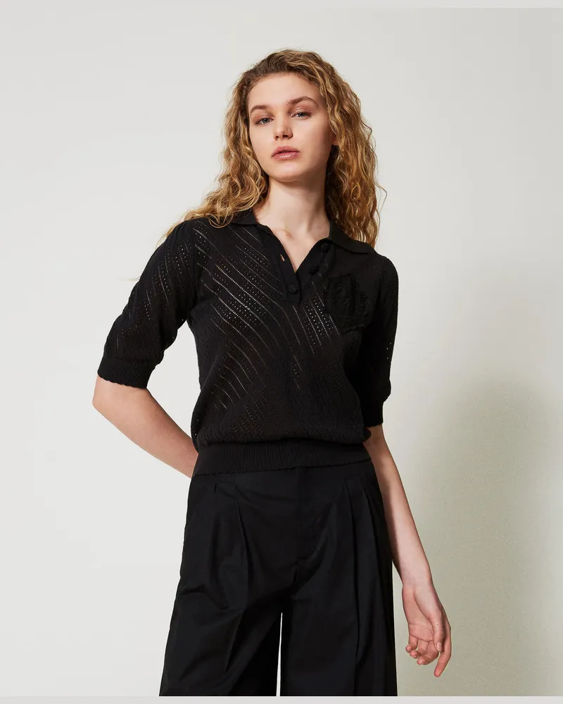 Twin-Set Pullover im Polostil mit Stick-Patch, Schwarz, Baumwolle, Größe Schwarz
